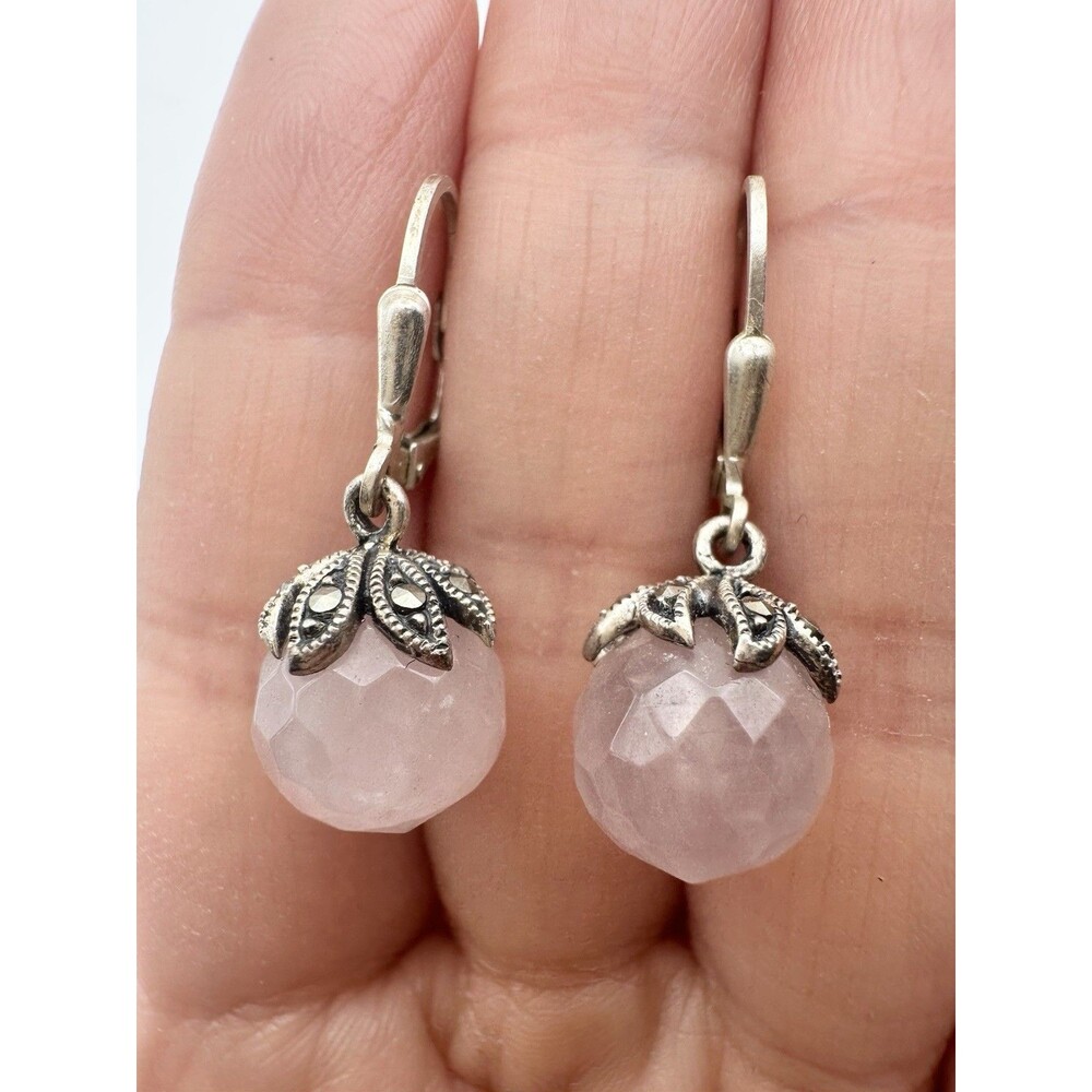 925 Sterling Silver Rose Quartz Natural Gemstone Marcasite Lever Back Earrings